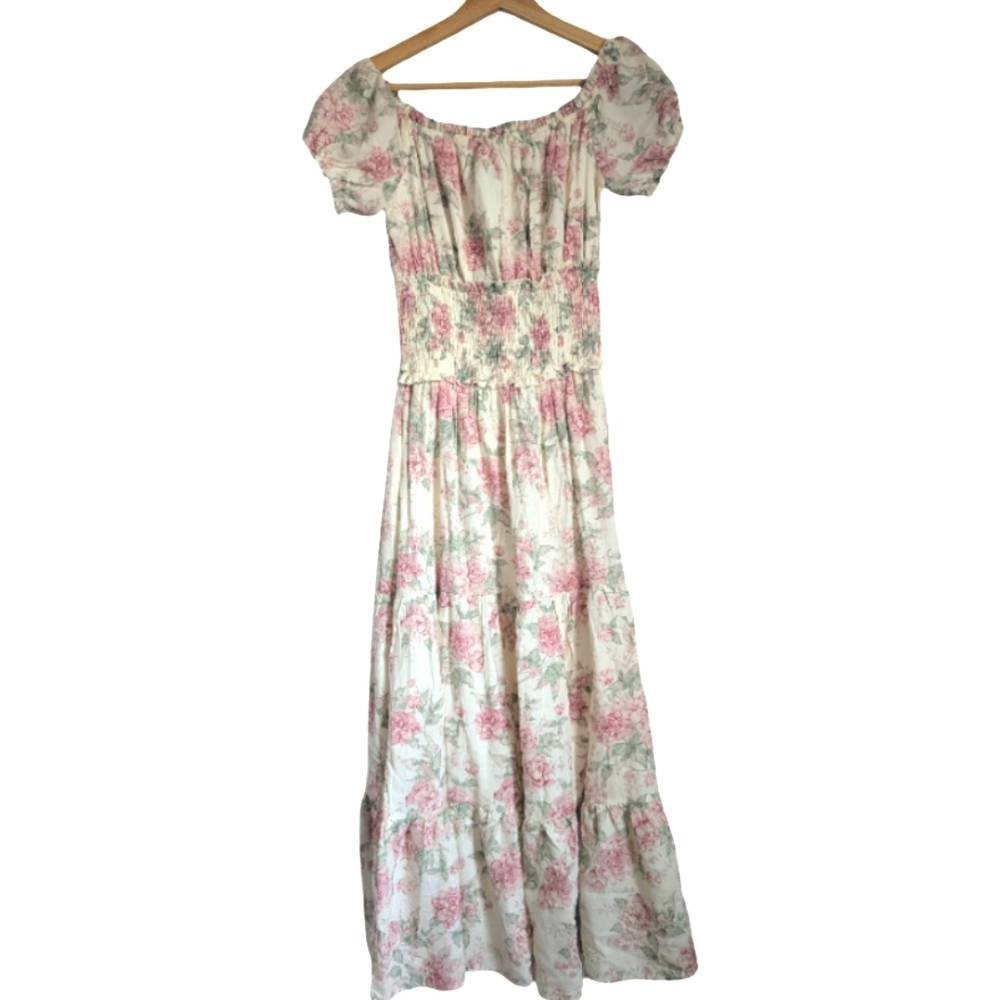 Trixxi Floral Maxi Dress Size Small - Pink Rose Print Off Shoulder Boho Dress NW - Picture 4 of 13